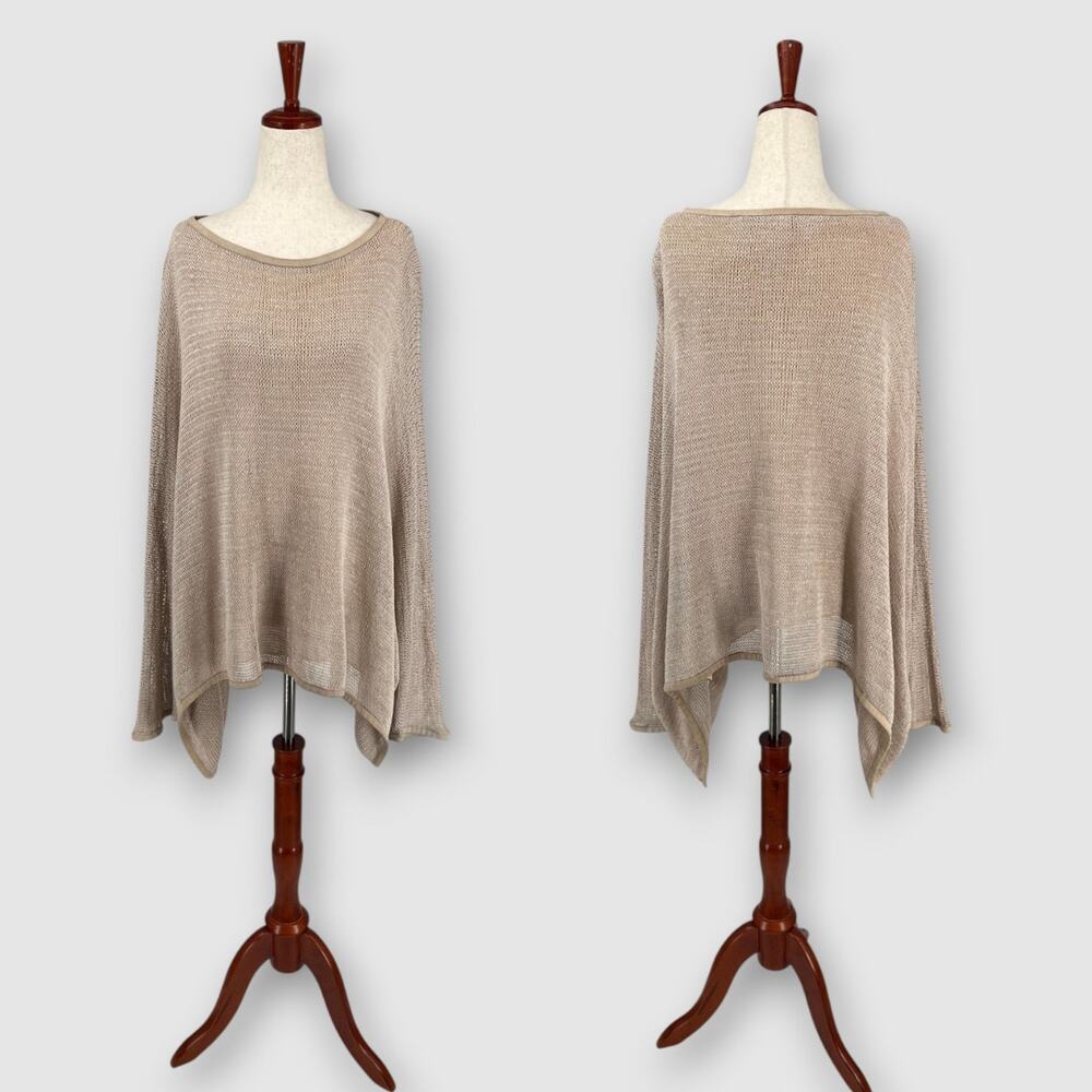 Shamask Taupe Open Knit Draped Poncho Sweater Top Cotton Silk One Size